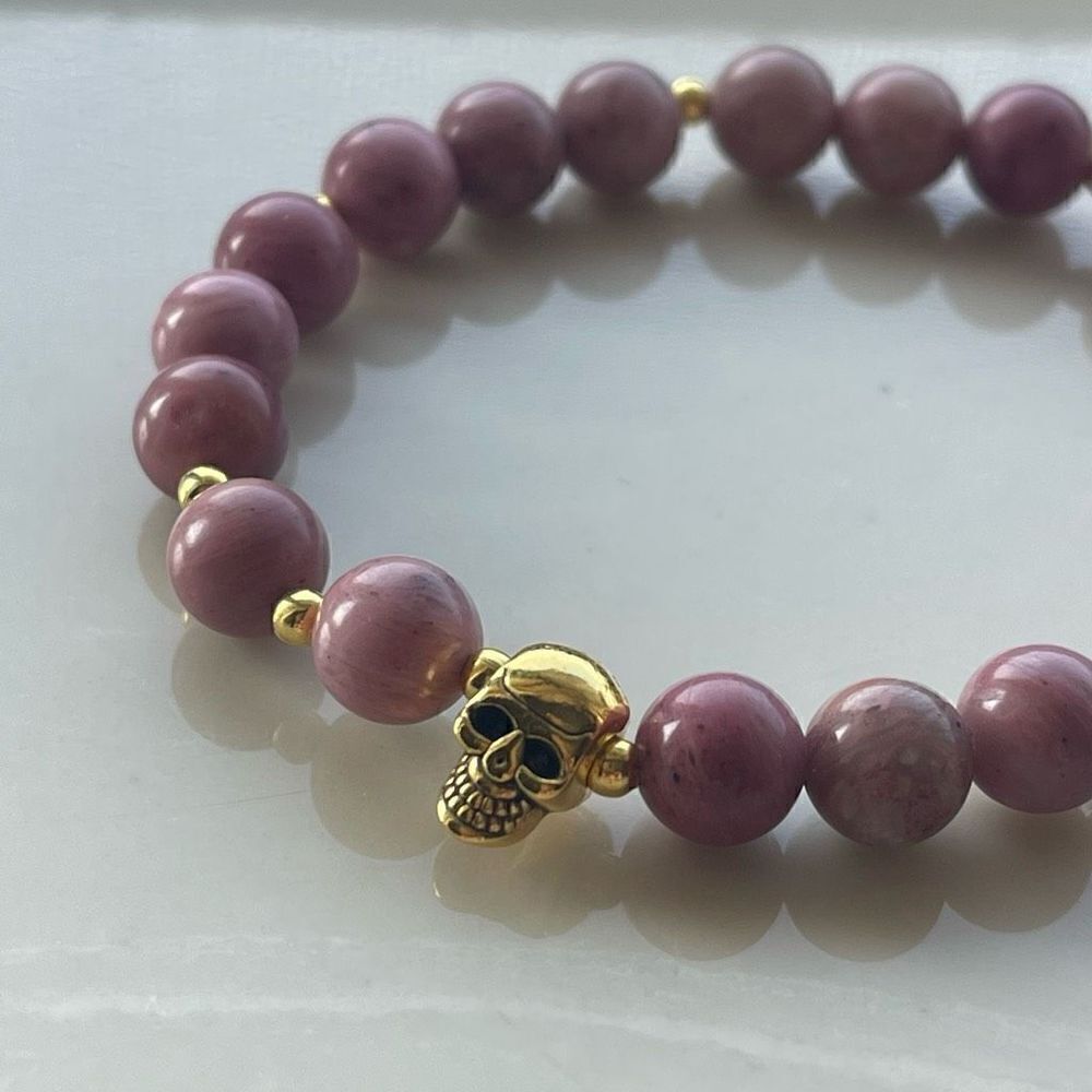 Rhodonite skull gold tone ONE stretch bracelet NEW crystal meditation yoga stone - Picture 6 of 7